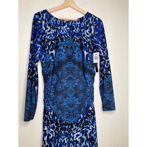 David Meister Dress Blue & Black Leopard Medallion Side Ruching Size 8 NEW - Picture 5 of 12